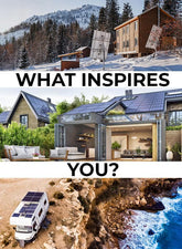 Three images showing a off grid cabin, a house with solar panels on the roof and a rv by the sea with solar panels on the roof